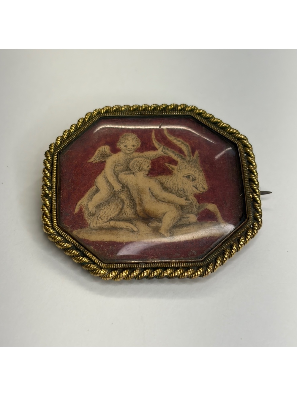 Antique hand painted motif with cherubs & horned goat 1870s or older